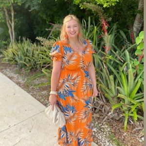 Shein Vcay Tropical Print Puff Sleeve Split Orange Dress